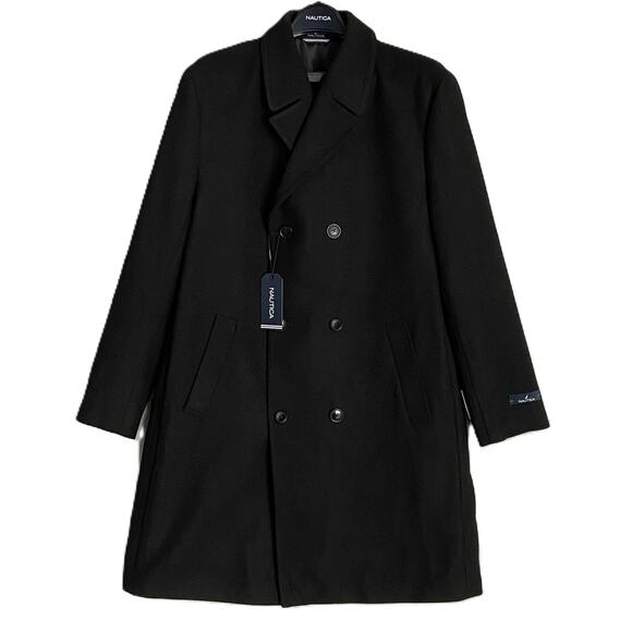 Nautica Men's 44 Long Overcoat Double-Breasted Wool Blend Lined Solid Black NEW - Picture 1 of 9